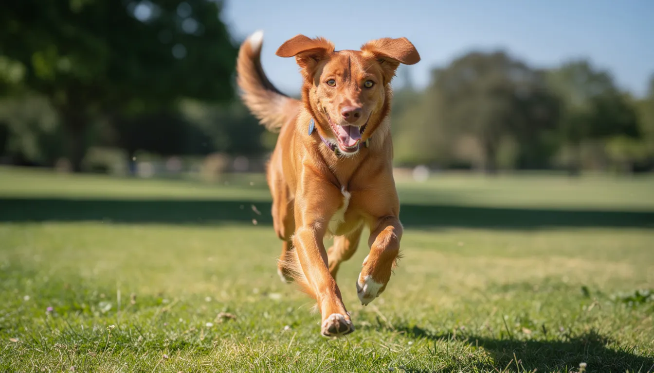 Na zdjęciu widać zdrową, wesołą sukę biegającą po zielonej trawie, cieszącą się swobodą i radością. Jej energia i radość przypominają o znaczeniu dbania o zdrowie psów, w tym o profilaktykę chorób, takich jak ropomacicze, które mogą dotyczyć dorosłych suk.
