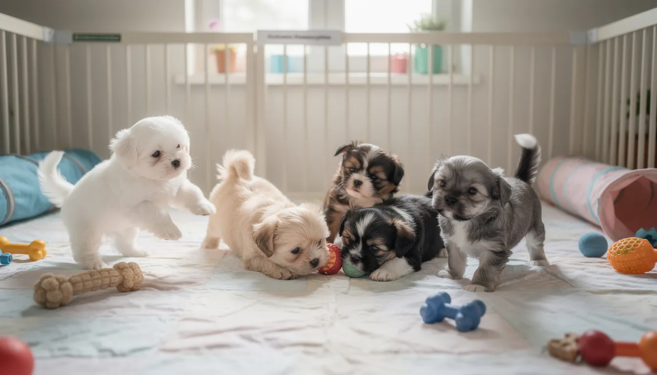 W kojcu hodowlanym bawią się szczenięta hawańczyka w różnych kolorach, takich jak kremowy i sable, o miękkiej sierści. Te małe pieski z rodziny bichon są pełne energii i ciekawości, eksplorując swoje otoczenie.