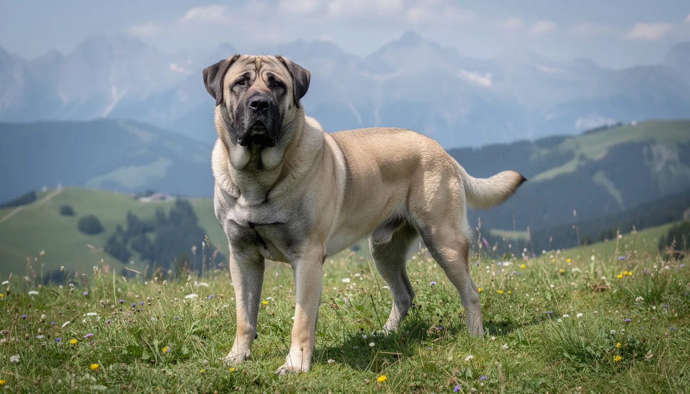 Na łące w górach stoi duży pies pasterski typu kangal, charakteryzujący się muskularną budową ciała i imponującą siłą. Jego masa ciała oraz wytrzymałość sprawiają, że jest jednym z najpotężniejszych psów, idealnym do ochrony stad w trudnych warunkach.