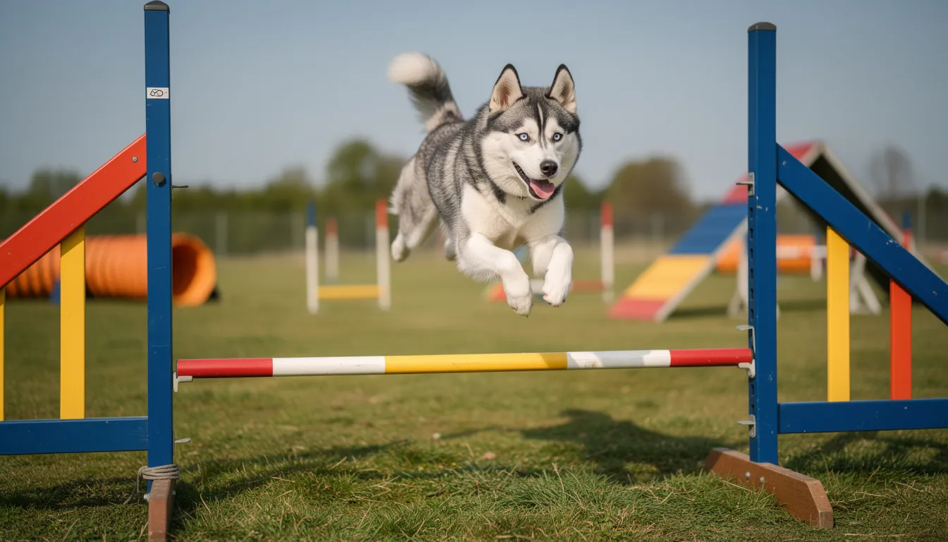 Na torze agility mały pies rasy pomsky, wyglądający jak mini husky, pokonuje przeszkodę z energią i zwinnością. Jego puszysta sierść lśni w słońcu, a ogon radośnie merda, gdy z zapałem wykonuje zadanie.