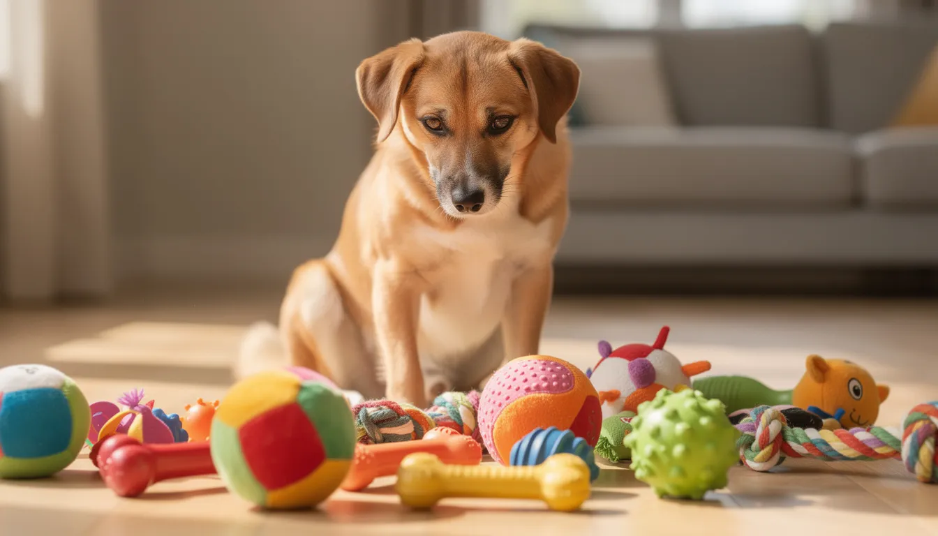 Na obrazku widać psa, który z zainteresowaniem przygląda się kolorowym zabawkom rozłożonym na podłodze. Psy widzą kolory inaczej niż ludzie, dlatego ich percepcja barw może obejmować różne odcienie żółtego i niebieskiego, co wpływa na to, jak postrzegają świat i wybierają zabawki.