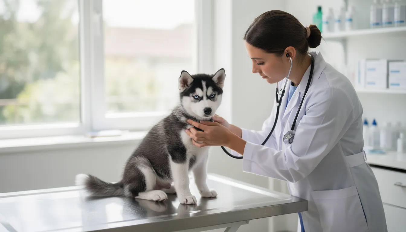 Na zdjęciu weterynarz bada małego szczeniaka rasy husky podczas wizyty kontrolnej, zwracając uwagę na jego zdrowie. Specjalista może doradzić właścicielowi, jak karmić psa, aby zapewnić mu odpowiednią dietę i niezbędne składniki odżywcze.