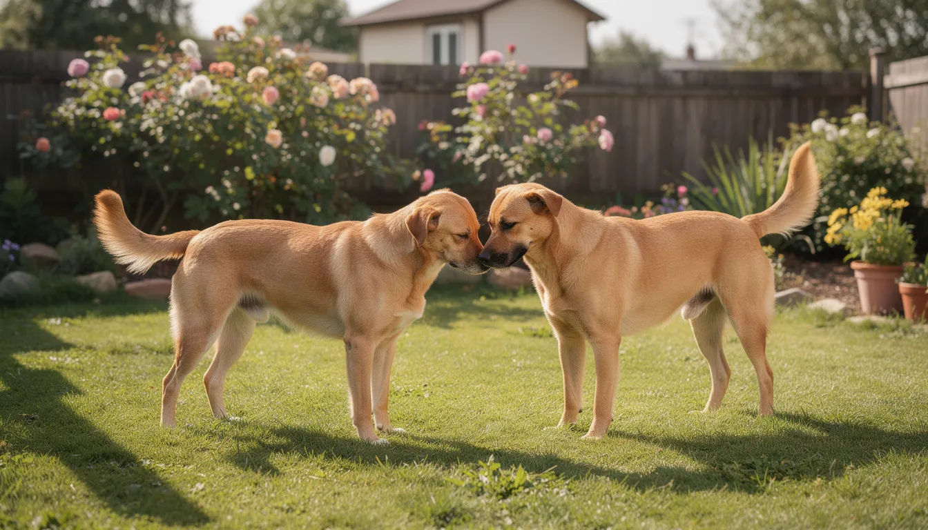 Na obrazie widać dwa psy, które spokojnie obwąchują się na trawie w ogrodzie, co może sugerować ich wzajemne zainteresowanie i gotowość do interakcji. Tego rodzaju zachowanie jest typowe dla psów w okresie rui, kiedy suki i samce mogą być w trakcie krycia.