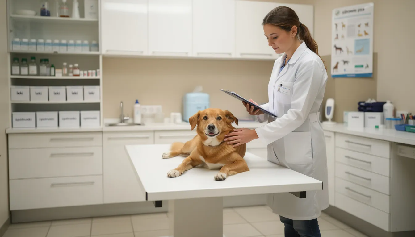 Na stole badawczym u weterynarza leży spokojny pies, który wygląda na zrelaksowanego. Regularne odwiedzanie weterynarza jest kluczowe dla zdrowia psa, aby monitorować jego stan zdrowia i unikać potencjalnych problemów zdrowotnych.