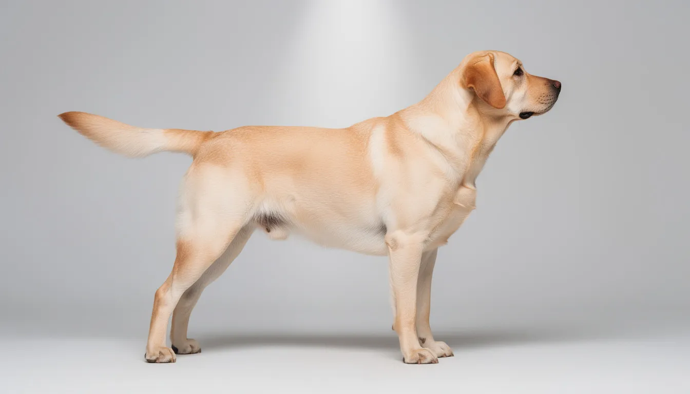 Na obrazie widoczny jest pies rasy labrador stojący bokiem, z wyraźnie zaznaczonym punktem kłębu na grzbiecie, co ułatwia pomiar wysokości psa w kłębie. Pies jest ustawiony w pozycji stojącej, co pozwala na dokładne określenie jego wymiarów.
