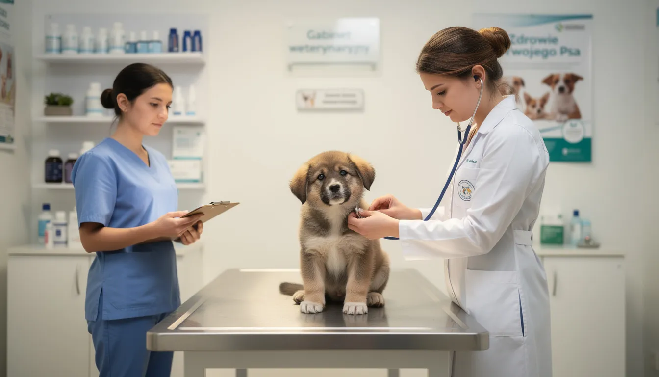 Na zdjęciu widoczny jest mały szczeniak podczas wizyty u weterynarza, gdzie lekarz weterynarii przygotowuje się do podania mu podstawowych szczepień, w tym przeciwko chorobom zakaźnym, takim jak kaszel kenelowy i wścieklizna. Szczeniak wygląda na nieco przestraszonego, ale jest pod dobrą opieką, co jest kluczowe dla jego zdrowia i dobrego samopoczucia.