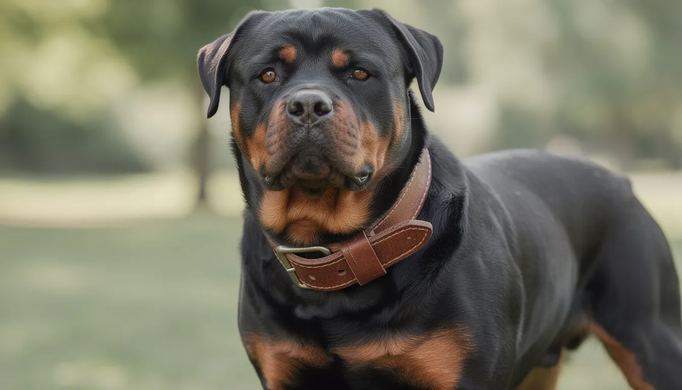 Na zdjęciu widoczny jest duży pies rasy rottweiler, który nosi szeroką brązową obrożę skórzaną wykonaną z naturalnej skóry. Obroża ta zapewnia bezpieczeństwo i komfort podczas codziennych spacerów, a jej elegancki wygląd podkreśla charakter psa.