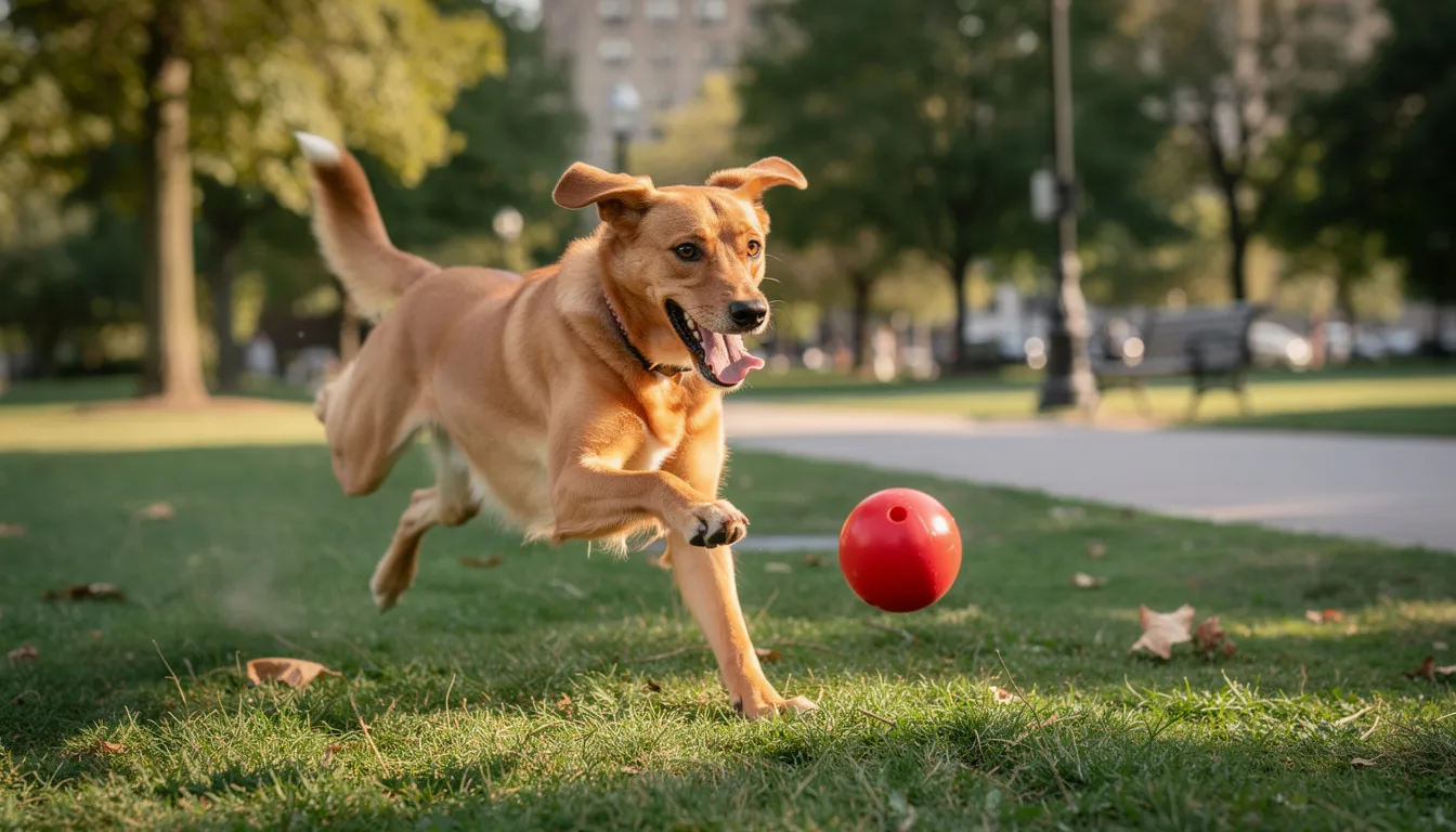Na obrazku widzimy radosnego psa bawiącego się w parku z piłką. Jego pełen energii nastrój kontrastuje z objawami smutku, które mogą występować u psów, gdy nie mają wystarczającej aktywności fizycznej lub gdy doświadczają zmian w swoim życiu.