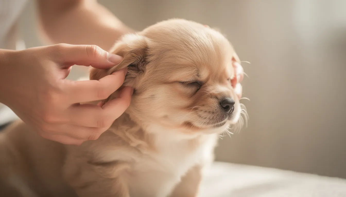 Na obrazku widać osobę delikatnie masującą uszy szczeniaka, co może wspierać prawidłowy rozwój małżowin usznych. Taki masaż może być szczególnie ważny dla zdrowia psa, zwłaszcza u ras, które mają tendencję do opadania uszu.