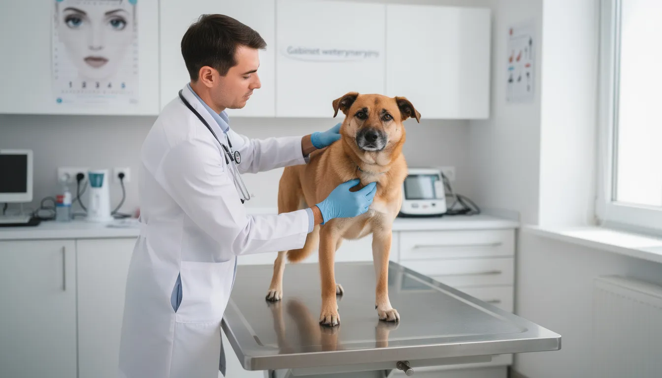 Weterynarz bada psa na stole w gabinecie weterynaryjnym, sprawdzając jego zdrowie i przygotowanie do krycia. Właściciel suki obserwuje z zainteresowaniem, mając na uwadze znaczenie właściwego momentu na udane krycie i zdrowie przyszłego potomstwa.