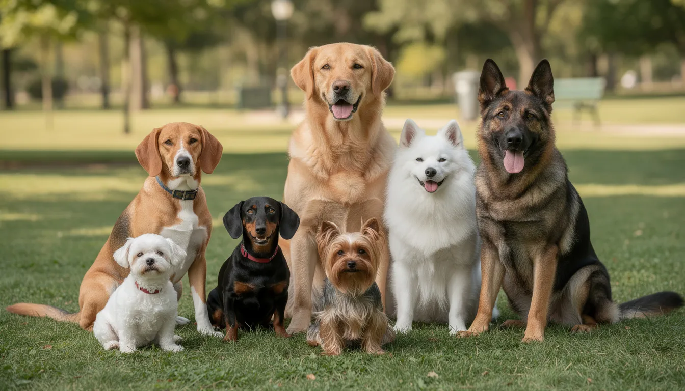 Na trawie siedzi grupa psów różnych ras, w tym mały yorkshire terrier oraz duży golden retriever. Wśród nich można zauważyć także inne małe i średnie rasy psów, które razem tworzą przyjazne towarzystwo, idealne dla rodzin i aktywnych osób.