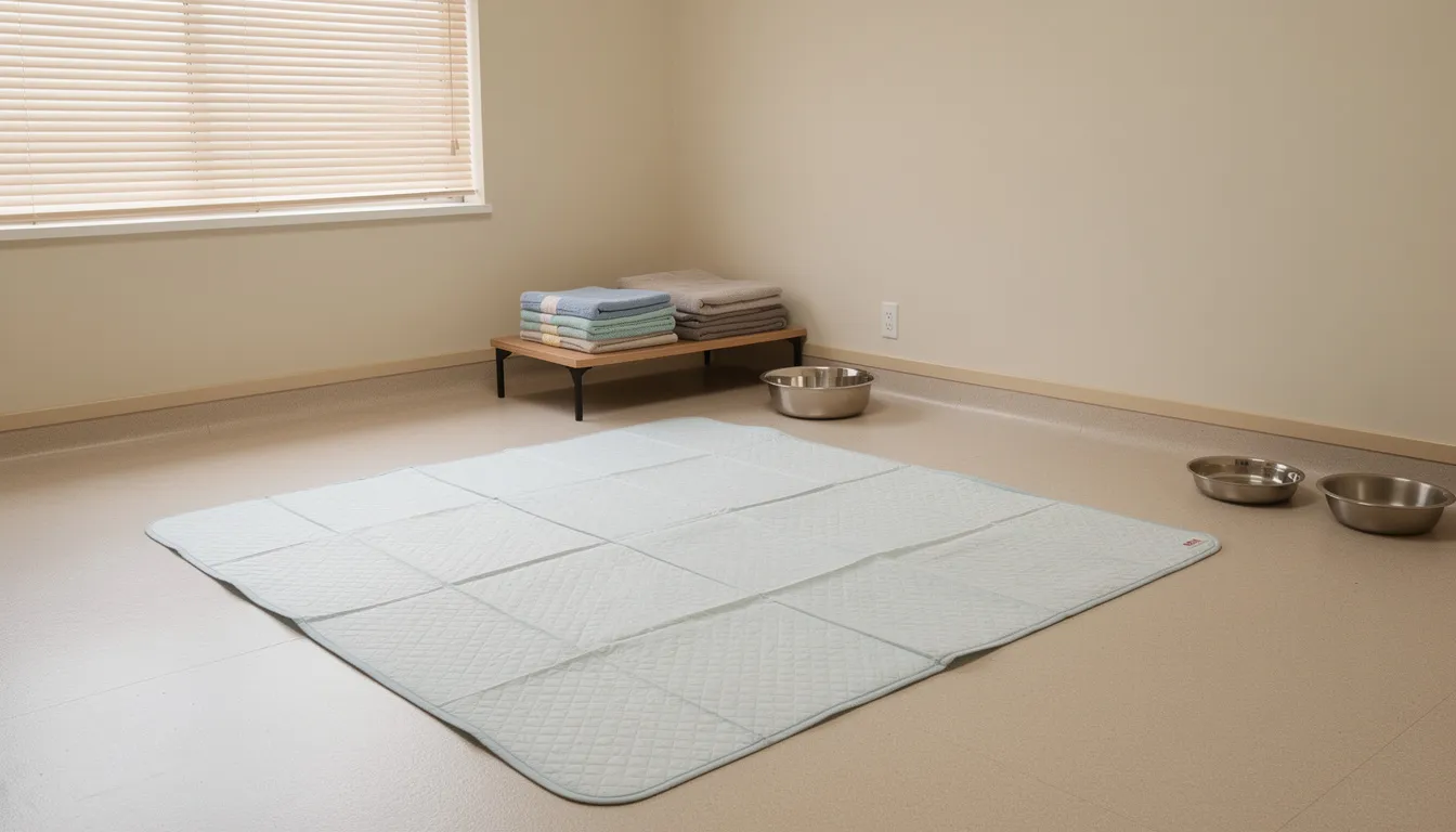 Na zdjęciu znajduje się spokojne pomieszczenie przygotowane do krycia psów, z matą na podłodze, co zapewnia komfort zarówno suce, jak i reproduktorowi. Takie odpowiednie przygotowanie jest kluczowe dla udanego krycia i zdrowego rozrodu.