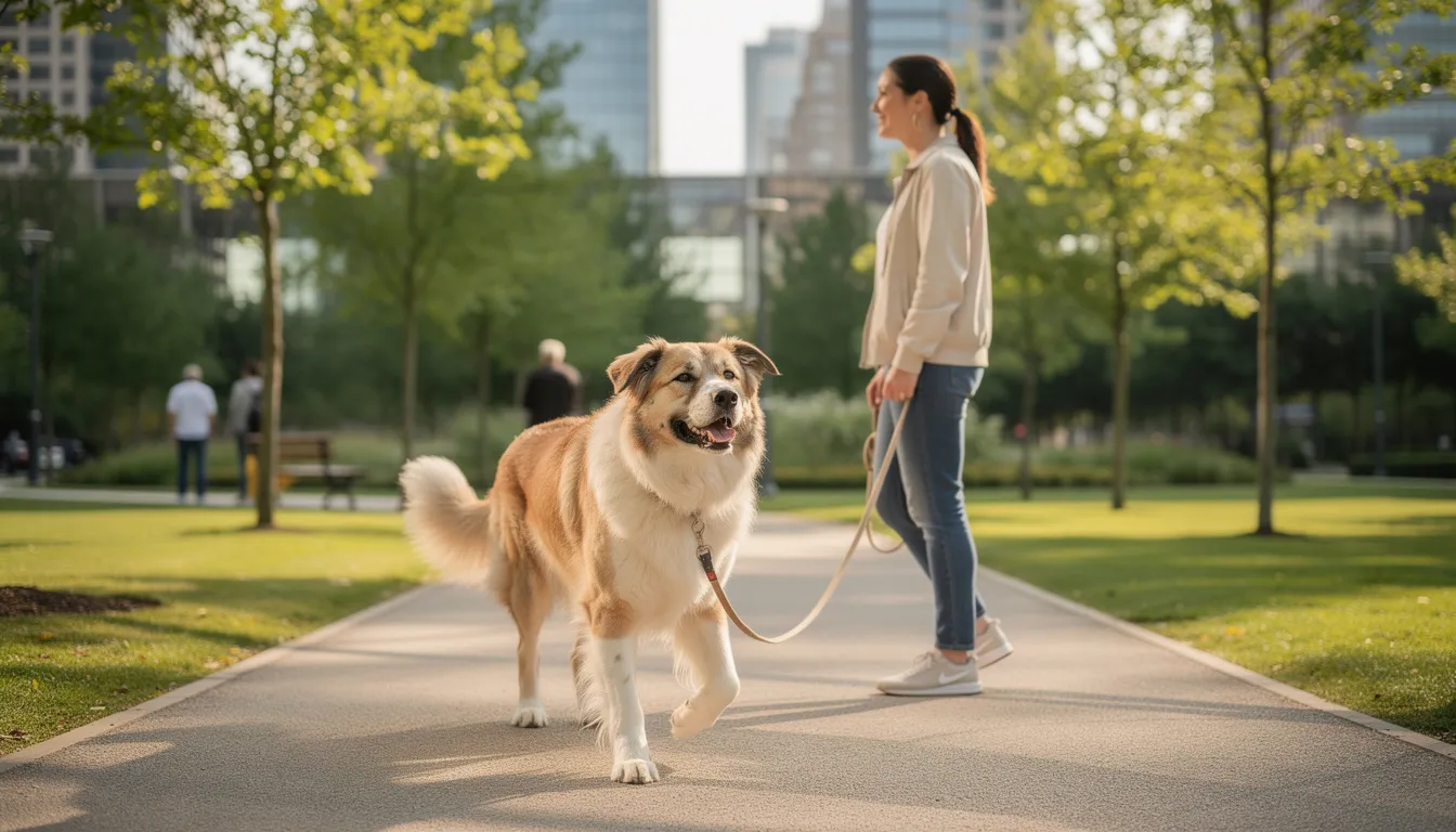 Na zdjęciu widoczny jest szczęśliwy duży pies, który spaceruje z właścicielem w miejskim parku. Pies ma na sobie szeroką obrożę, która zapewnia mu komfort i bezpieczeństwo podczas codziennych spacerów.
