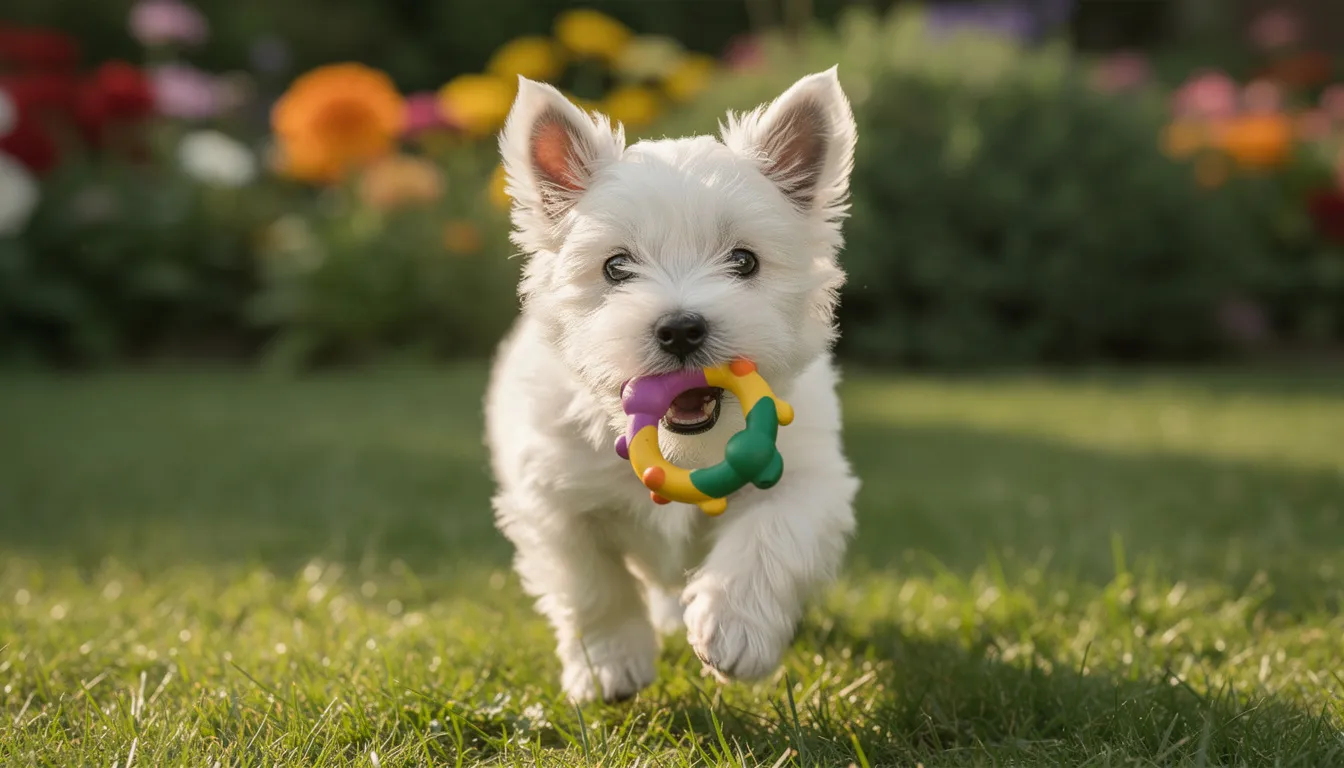 Na obrazku widzimy wesołe szczenię west highland white terriera bawiące się w ogrodzie z kolorową zabawką. Piesek o śnieżnobiałej sierści i jasnych oczach radośnie skacze po trawie, ciesząc się chwilą zabawy.