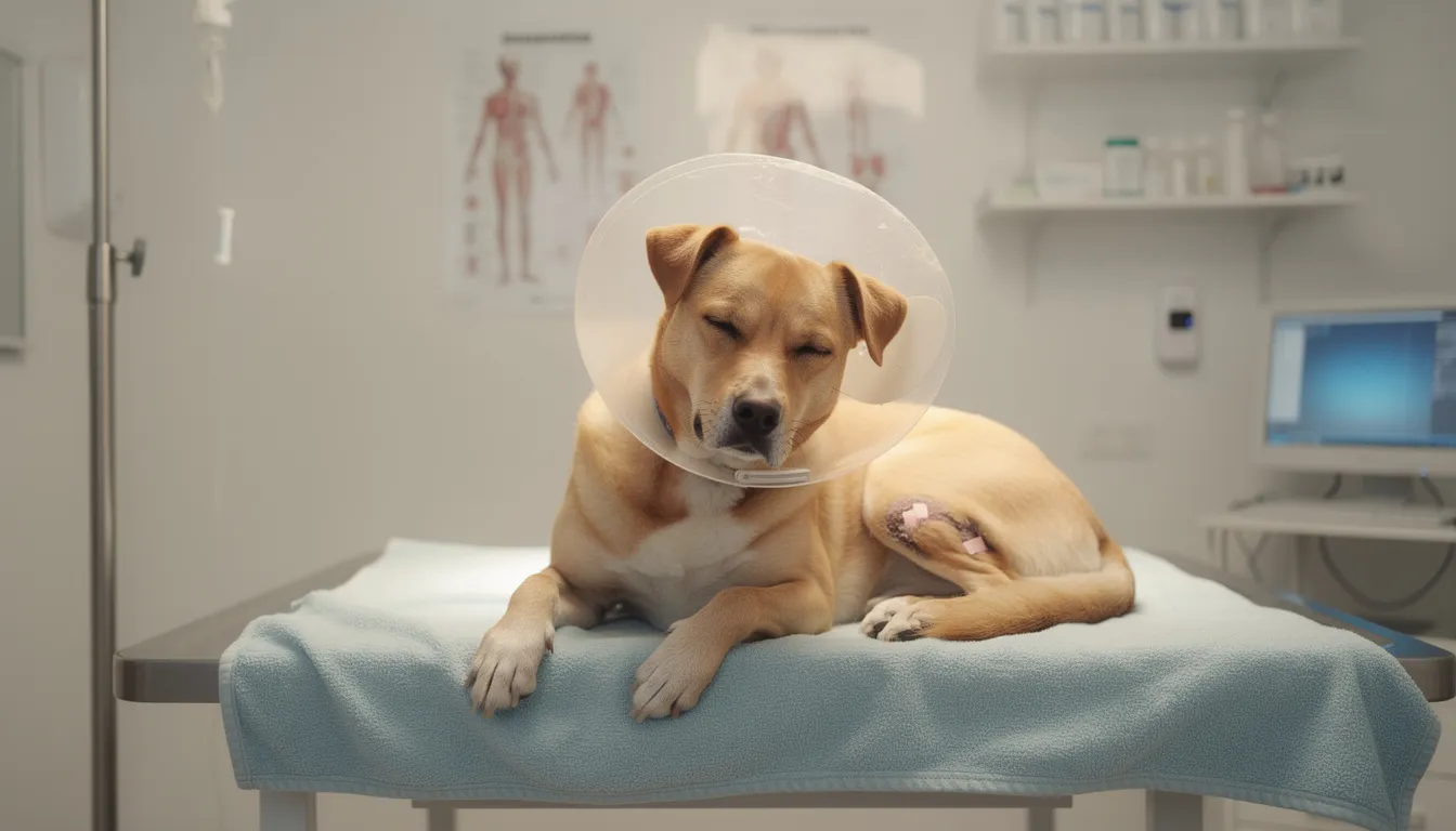 Na zdjęciu widoczny jest pies w kołnierzu ochronnym, leżący na podłodze, odpoczywający po zabiegu weterynaryjnym związanym z leczeniem ropnia. Widać, że pies jest w stanie relaksu, co może sugerować, że zabieg był udany i pomógł w walce z infekcją bakteryjną.