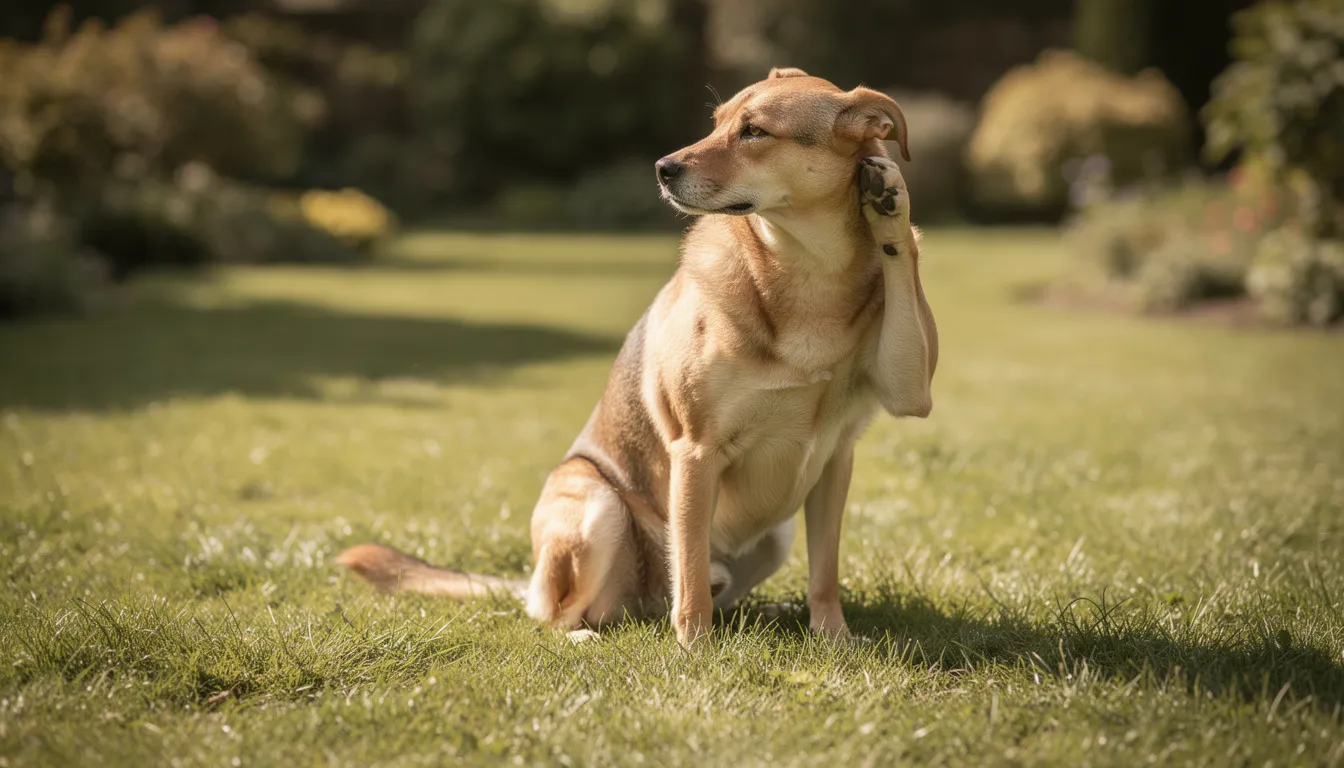 Na zdjęciu widoczny jest pies, który drapie się w ucho tylną łapą, leżąc na trawniku. Częste drapanie uszu może być objawem problemów zdrowotnych, takich jak grzybica uszu u psa, dlatego ważne jest regularne czyszczenie psich uszu oraz monitorowanie ich stanu zdrowia.