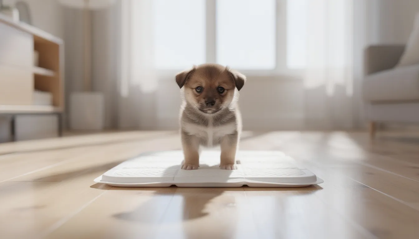 Na zdjęciu znajduje się mały szczeniak stojący na białej macie higienicznej w jasnym mieszkaniu, co jest dobrym rozwiązaniem w nauce czystości. Piesek przygotowuje się do załatwienia swoich potrzeb fizjologicznych w odpowiednim miejscu, co jest ważnym krokiem w nauce załatwiania się.
