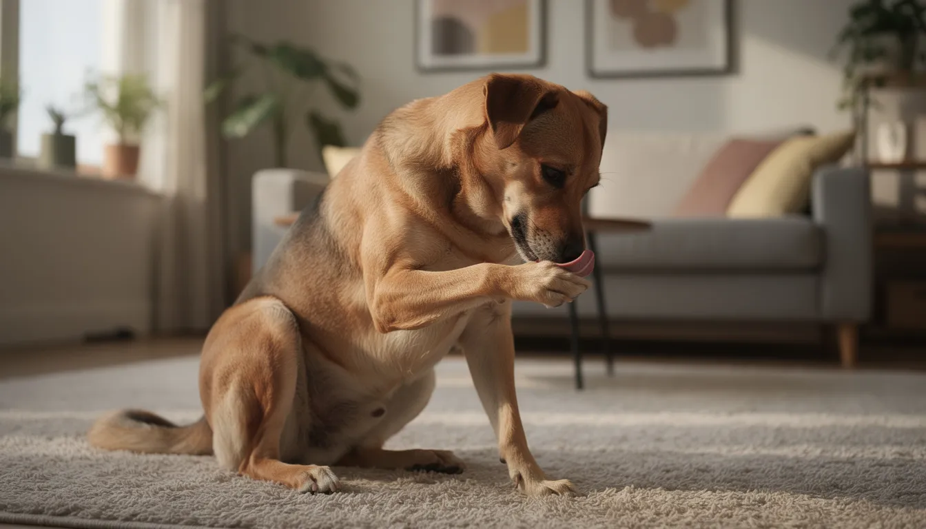 Na dywanie w salonie siedzi pies, który intensywnie liże swoją przednią łapę. To zachowanie może być oznaką dyskomfortu lub problemów zdrowotnych, takich jak alergie skórne czy infekcje.