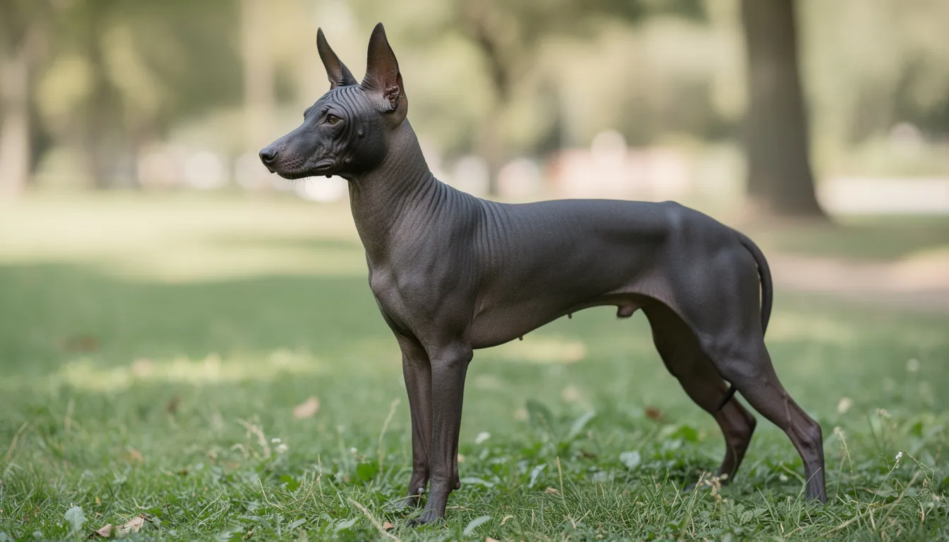 Na zdjęciu znajduje się elegancki nagi pies meksykański xolo, stojący na zielonej trawie. Pies ma charakterystyczną sylwetkę z dużymi trójkątnymi uszami oraz gładką skórą, co podkreśla jego unikalny wygląd.