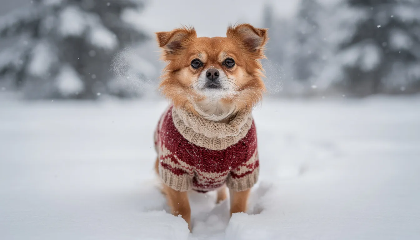 Na zdjęciu widoczny jest mały pinczer miniaturowy w ciepłym sweterku, który spędza zimowy dzień na świeżym powietrzu. Piesek ma wyrazisty wygląd, a jego krótką sierść chroni kolorowy sweter przed zimnem.