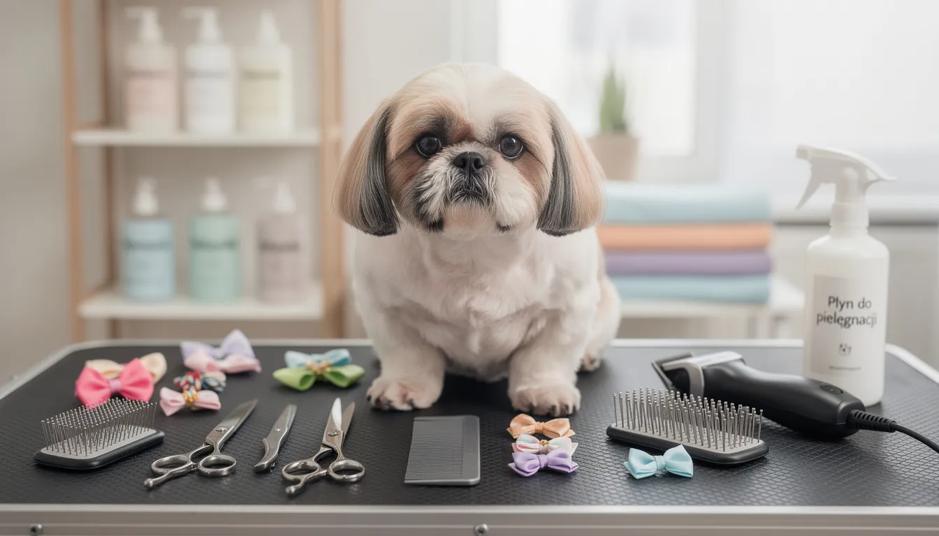 Na stole groomerskim siedzi shih tzu o długiej sierści, otoczony narzędziami do pielęgnacji. Jego charakterystyczny wygląd rasy podkreśla piękno i puszystość włosów, które wymagają regularnej pielęgnacji i przycinania.