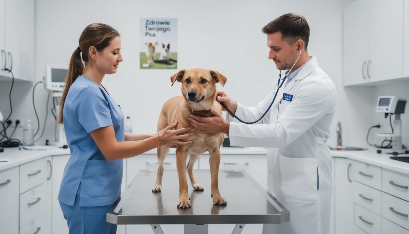 Na zdjęciu widoczny jest pies podczas wizyty u weterynarza, gdzie lekarz weterynarii bada jego samopoczucie. Pies może piszczeć z powodu lęku lub bólu, co jest naturalną formą komunikacji w stresującym dla niego otoczeniu.