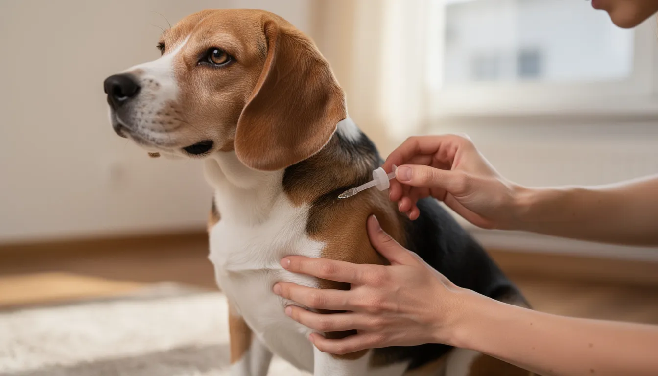 Na zdjęciu widoczny jest właściciel aplikujący krople na kark psa rasy beagle, co jest częścią procesu zwalczania pcheł. Pies stoi spokojnie, a jego sierść jest gładka, co sugeruje, że właściciel dba o jego zdrowie i komfort w walce z pasożytami.