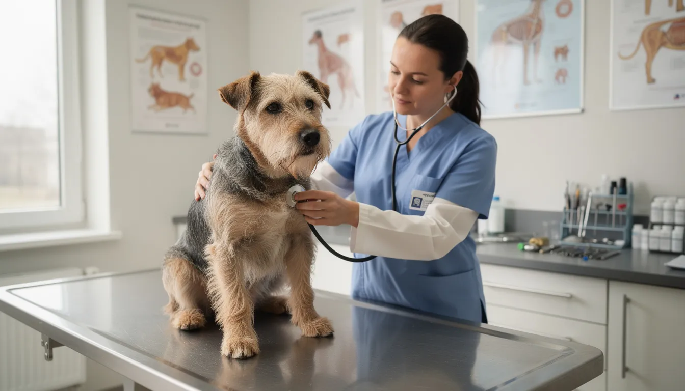 Na obrazie widoczny jest starszy airedale terrier podczas badania weterynaryjnego, leżący na stole, z uwagą obserwujący lekarza weterynarii. Pies ma muskularną sylwetkę i charakterystyczną sierść, a jego wesołe usposobienie kontrastuje z poważną atmosferą wizyty.