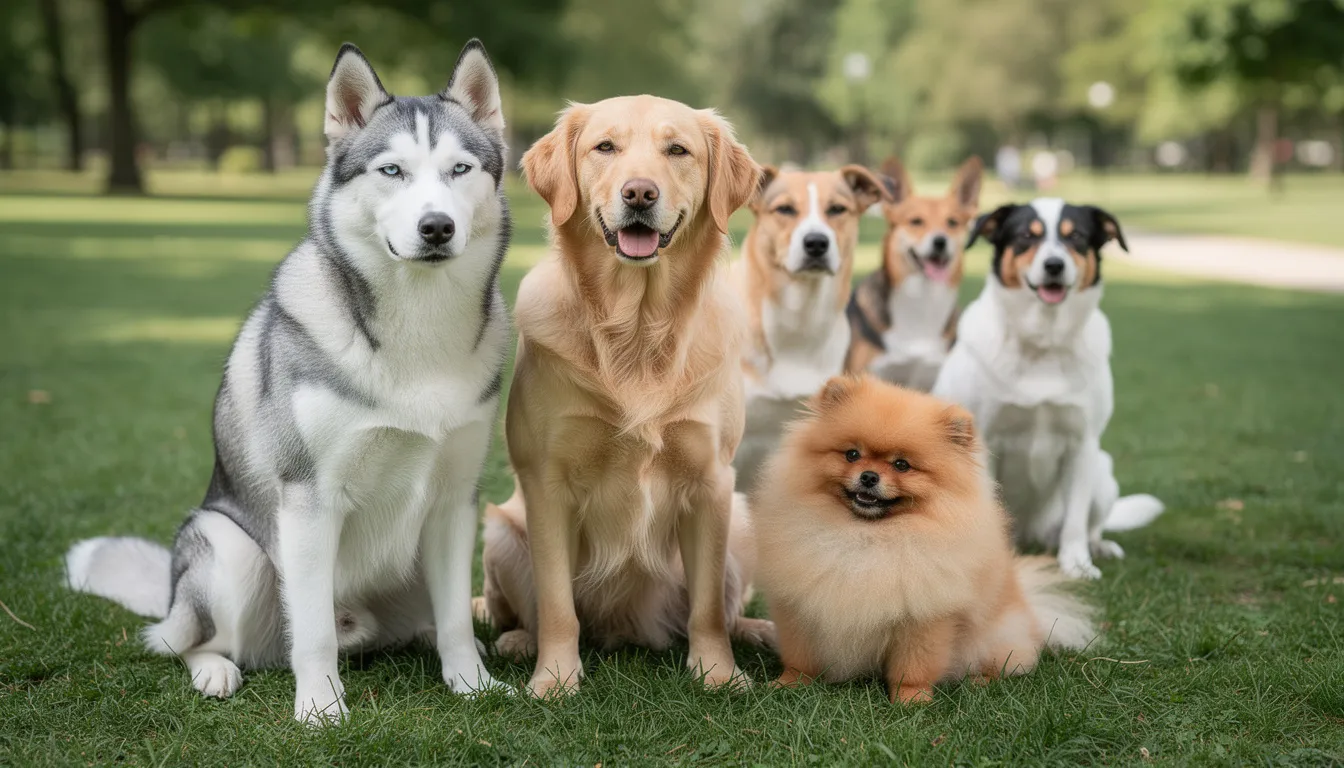 Na trawie siedzi grupa różnych ras psów, w tym syberyjski husky, golden retriever oraz mały pomeranian. Psy te, reprezentujące najładniejsze rasy psów na świecie, mają różnorodne kolory sierści i przyjazne usposobienie, co czyni je wspaniałymi towarzyszami.