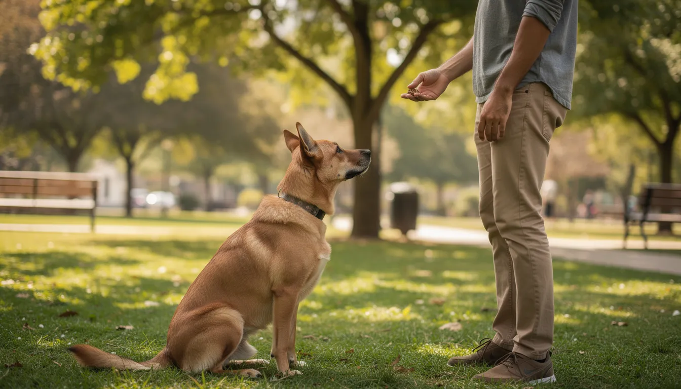 W parku właściciel trenuje psa, który z uwagą patrzy na opiekuna trzymającego smakołyk, co sugeruje naukę podstawowych komend, takich jak "siad" czy "zostań". Pies jest w pozycji siedzącej, gotowy na wykonanie polecenia w atmosferze pozytywnego wzmocnienia.