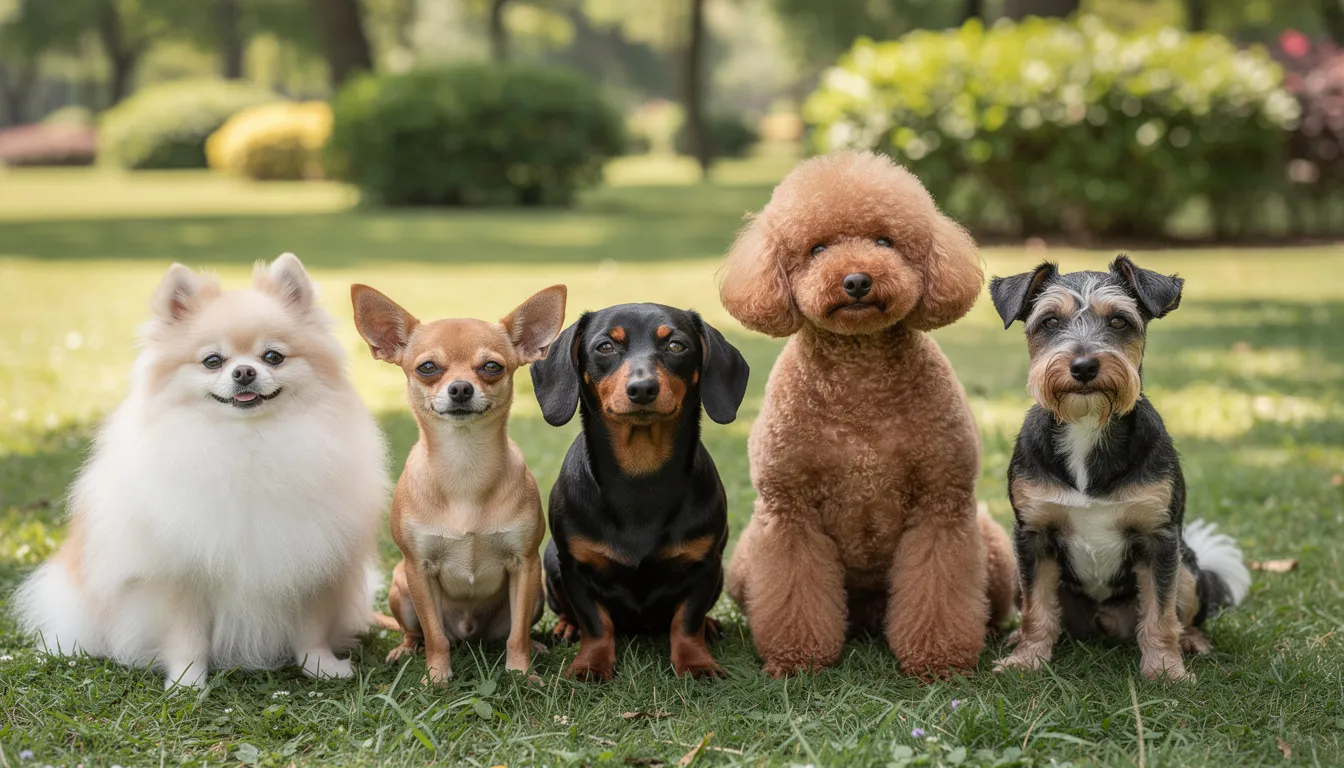 Na trawie siedzi kilka małych psów różnych ras, takich jak yorkshire terrier, shih tzu i cavalier king charles spaniel. Te małe pieski o niewielkich rozmiarach wyglądają na pełne energii i przyjazne, ciesząc się towarzystwem innych psów.