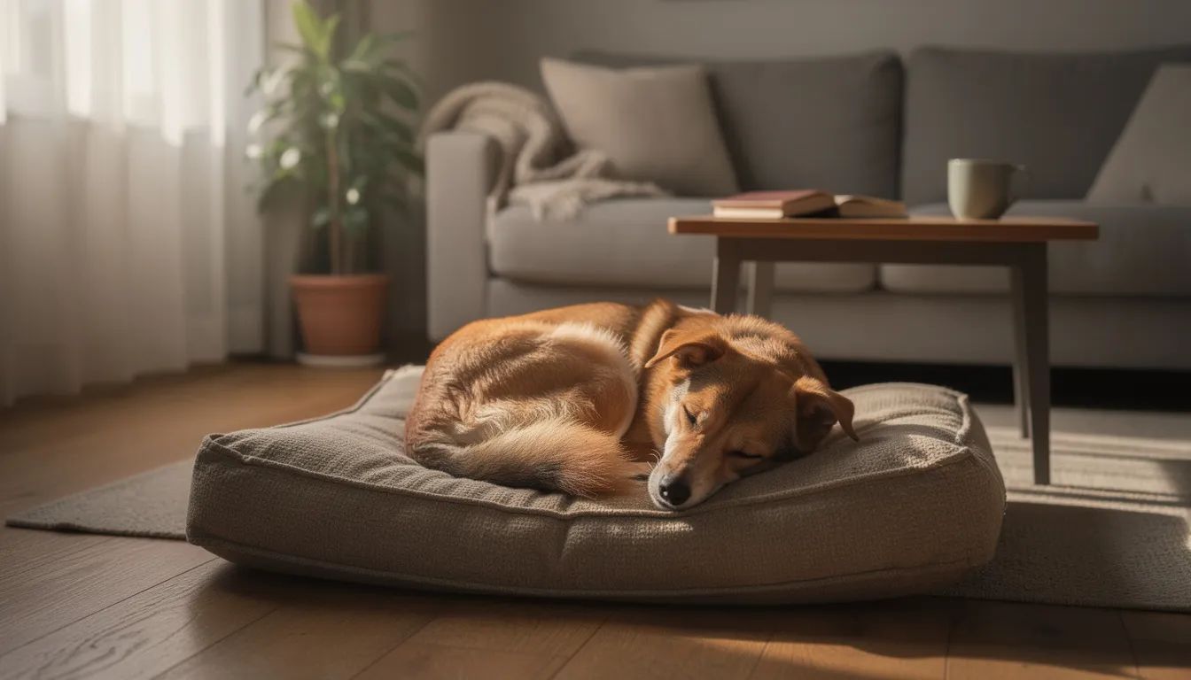 Na zdjęciu widoczny jest pies odpoczywający na swoim legowisku w spokojnym, domowym otoczeniu, co może być ważne dla jego poczucia bezpieczeństwa i zminimalizowania reakcji lękowych. Właściwe miejsce do odpoczynku jest kluczowe w zapobieganiu agresywnemu zachowaniu psa, szczególnie w kontekście agresji lękowej.