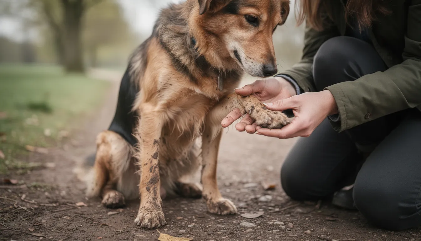 Właściciel delikatnie ogląda łapę swojego psa po spacerze, sprawdzając ewentualne zmiany skórne, rany lub obrzęki, które mogą wskazywać na zapalenie skóry, urazy mechaniczne lub inne choroby. Pies, leżąc spokojnie, może mieć widoczne objawy, takie jak swędzenie lub bolesność opuszek palcowych.