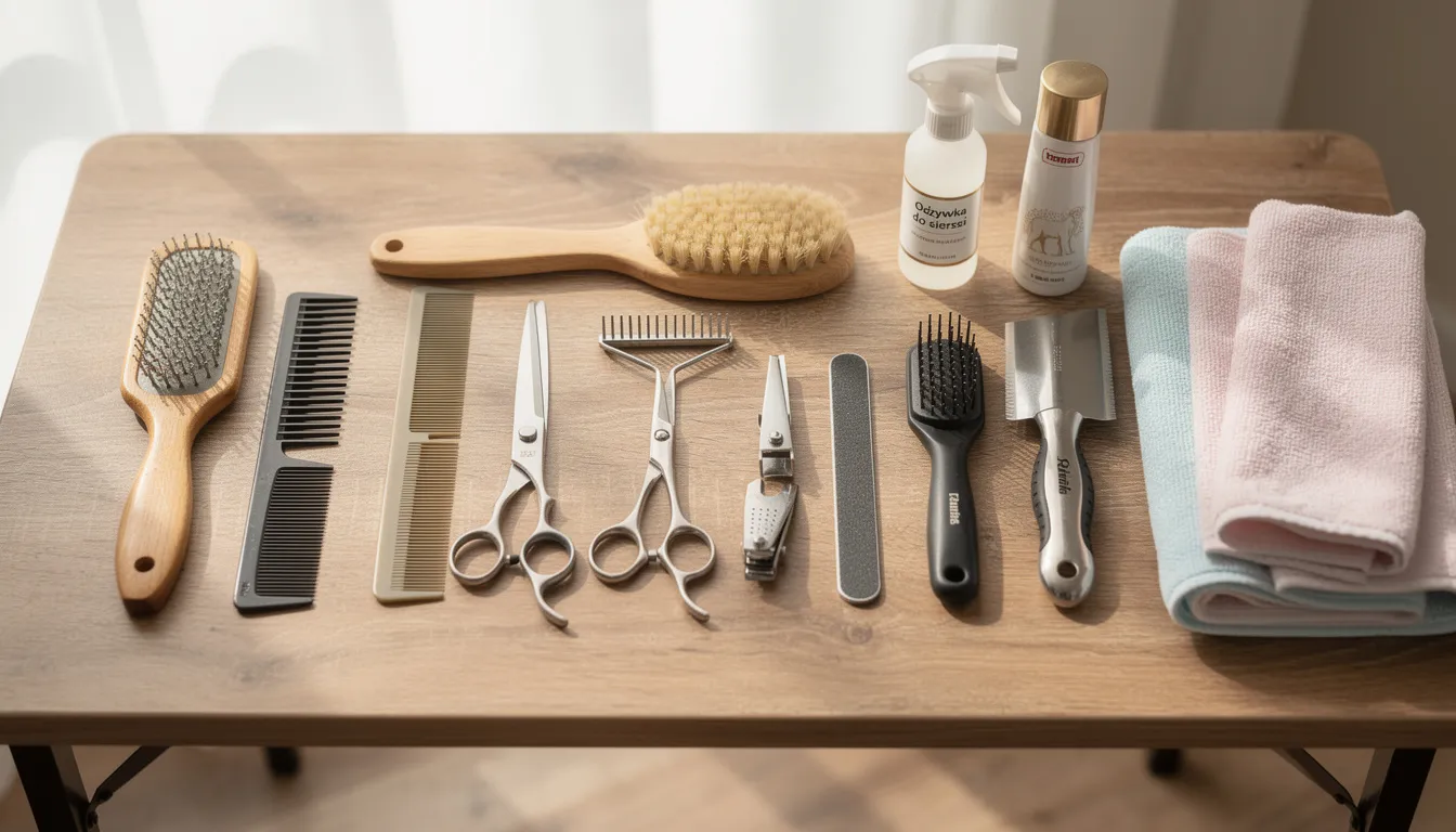 Na stole znajdują się różne narzędzia do pielęgnacji sierści psów, takie jak szczotki i grzebienie, które pomagają w usuwaniu martwych włosów i utrzymaniu zdrowej okrywy włosowej. Prawidłowa pielęgnacja sierści, zwłaszcza u ras, które intensywnie linieją, jest kluczowa dla ich zdrowia i pięknego wyglądu.