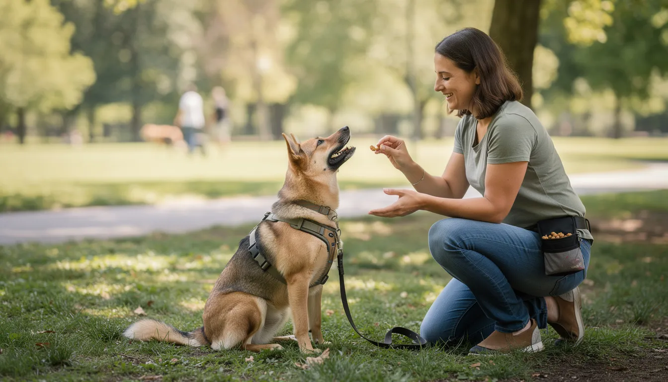 Właściciel trenuje dorosłego psa metodą pozytywnego wzmocnienia, używając smakołyków, aby oduczyć go gryzienia rąk i innych przedmiotów. Pies z zainteresowaniem obserwuje, a jego zachowanie wskazuje na chęć nauki i zabawy.