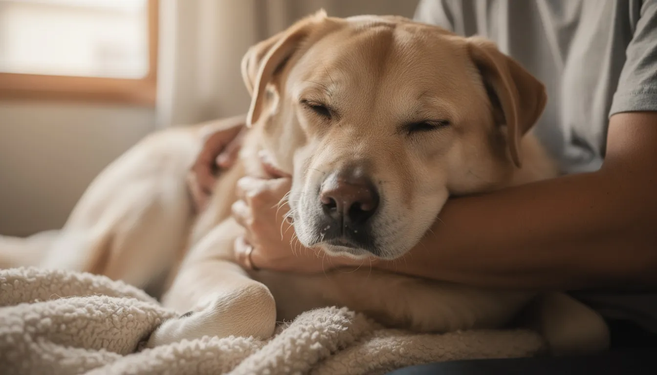 Na kocu leży pies z lekko wilgotnym nosem, przytulany przez swojego właściciela. Obecność kataru u psa może być objawem infekcji wirusowej lub alergii, dlatego warto obserwować jego zachowanie i skonsultować się z lekarzem weterynarii w przypadku niepokojących symptomów.