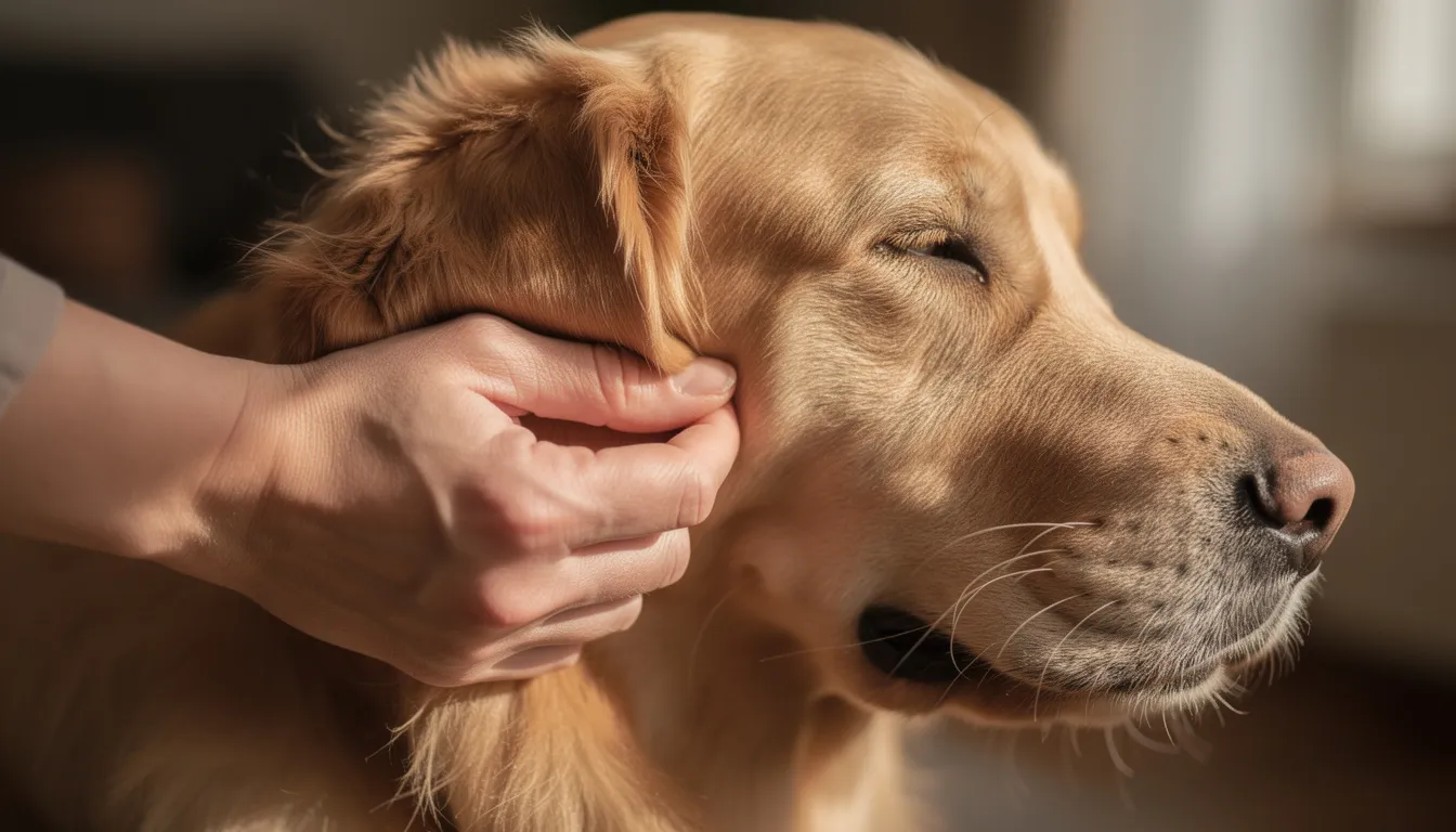 Na obrazku widzimy osobę delikatnie masującą podstawę ucha golden retrievera, co jest częścią odpowiedniej pielęgnacji uszu psa. Tego rodzaju masaż może pomóc w czyszczeniu uszu i zapobieganiu stanom zapalnym w obrębie przewodu słuchowego.