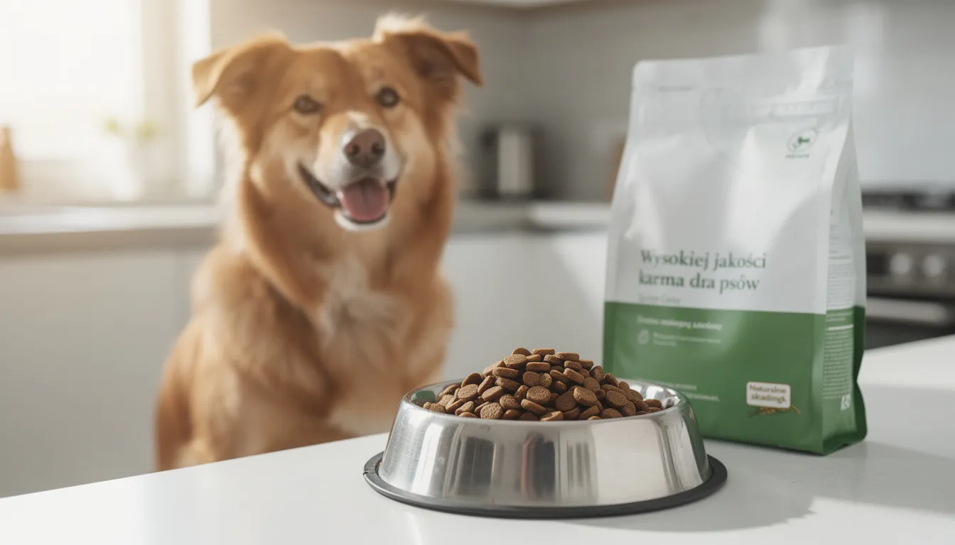 Na obrazku widoczny jest pies stojący przy misce z wysokiej jakości karmą, z wyraźnym zainteresowaniem patrzy na jedzenie. Możliwe, że jego zachowanie może być związane z chęcią zjadania ziemi lub innymi nietypowymi zachowaniami, które mogą być oznaką problemów zdrowotnych lub niedoborów składników odżywczych.