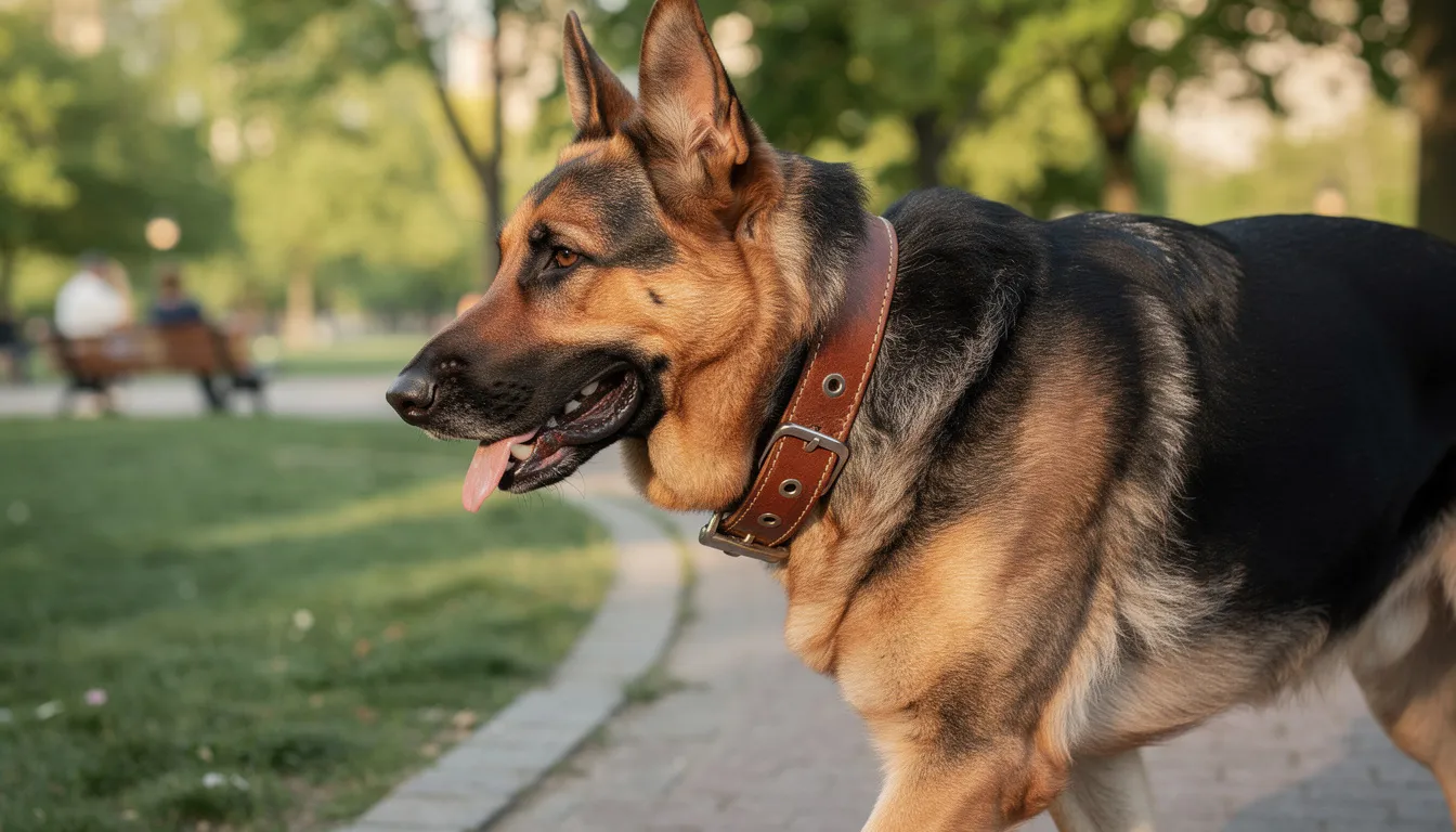 Na zdjęciu widoczny jest duży owczarek niemiecki na spacerze w parku, noszący szeroką obrożę z metalową klamrą, która zapewnia wygodę i bezpieczeństwo podczas aktywności. Obroża jest dobrze dopasowana do obwodu szyi psa, co pozwala na swobodne poruszanie się na luźnej smyczy.