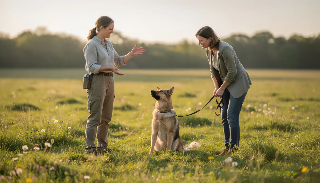 Na spokojnej łące behawiorysta pracuje z psem i jego właścicielem, ucząc ich, jak uspokoić psa i nauczyć go ignorowania innych psów. W tle widać zieleń trawy i kilka drzew, co tworzy przyjemną atmosferę do socjalizacji psa i pracy nad pożądanym zachowaniem.