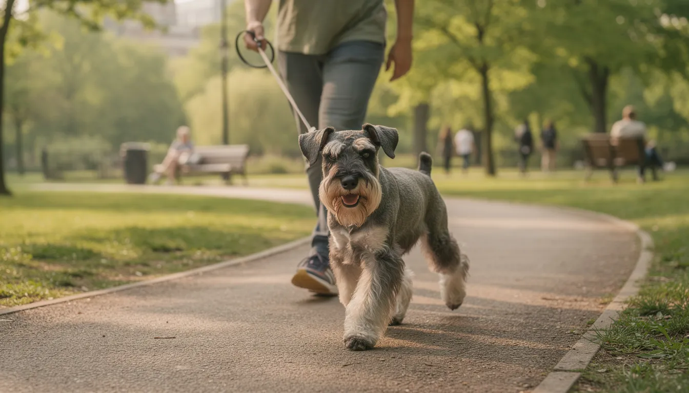 Na zdjęciu widoczny jest sznaucer miniaturowy, który radośnie spaceruje z właścicielem po parku. Pies o charakterystycznym wyglądzie, z krzaczastą brodą i ciemnymi oczami, cieszy się świeżym powietrzem podczas długiego spaceru.