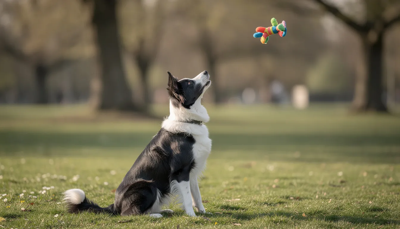 Na obrazku widzimy psa rasy border collie w pozycji siedzącej, który z uwagą obserwuje lecącą w powietrzu zabawkę. To doskonały moment na naukę aportowania, gdzie pies może nauczyć się przynosić piłkę lub inną zabawkę, co stanowi formę wspólnej zabawy z jego opiekunem.