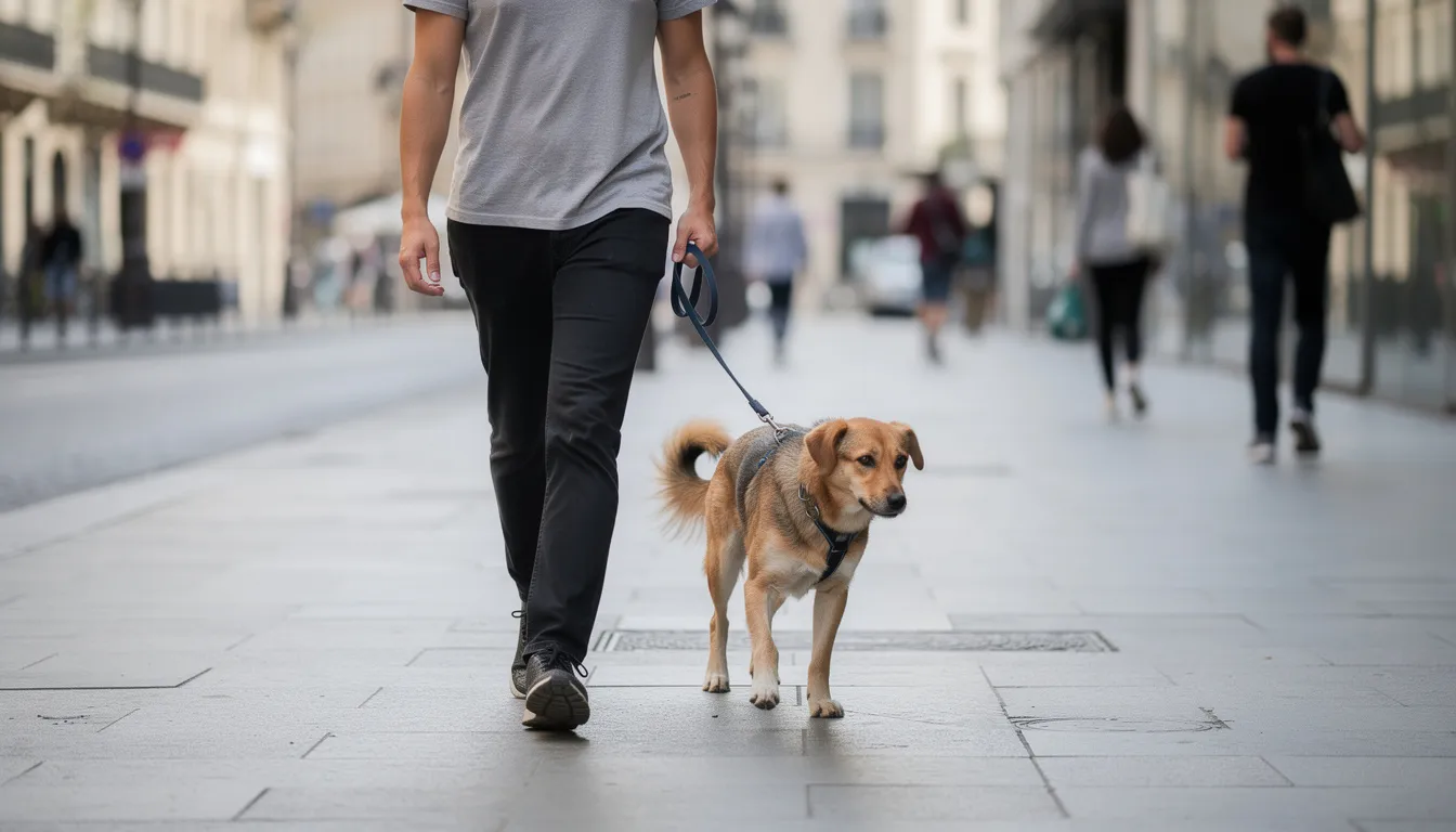 Na obrazku widzimy spokojnego opiekuna, który prowadzi psa na luźnej smyczy, utrzymując bezpieczną odległość od innych przechodniów. Zachowanie spokoju opiekuna jest kluczowe, by uniknąć agresji lękowej u psa, szczególnie w obecności obcych ludzi.