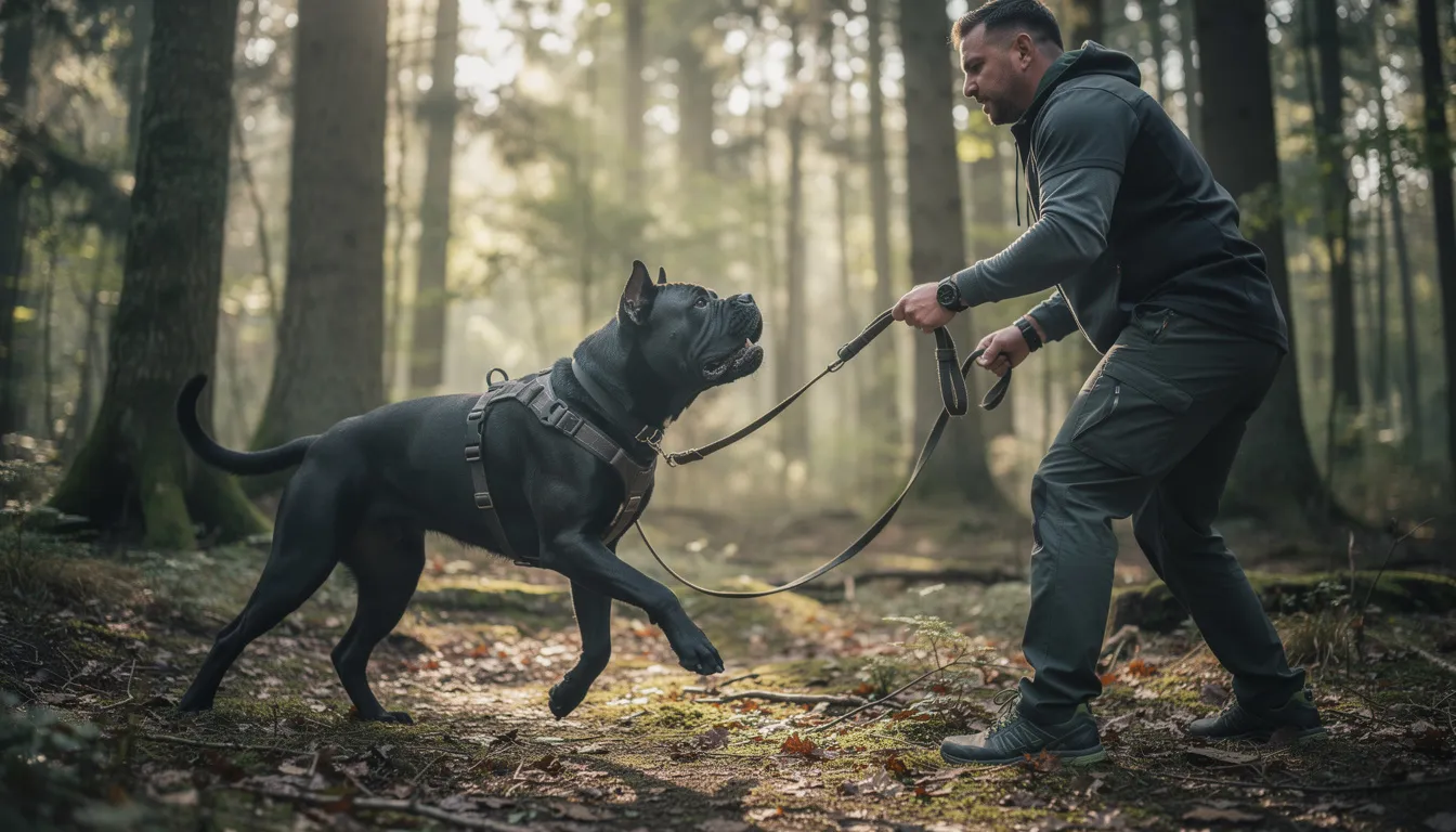 Na zdjęciu widać cane corso podczas treningu w lesie, gdzie właściciel pracuje nad jego posłuszeństwem. Pies rasy cane corso, z charakterystyczną krótką sierścią i silną budową, skupia się na poleceniach swojego opiekuna w otoczeniu przyrody.