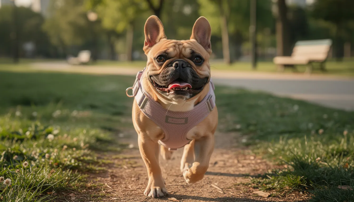 Na zdjęciu znajduje się buldog francuski spacerujący po parku w wygodnych szelkach, które zapewniają mu maksymalny komfort i swobodę ruchów. Szelki są idealnie dopasowane do charakterystycznej sylwetki psa, co zwiększa jego bezpieczeństwo oraz widoczność podczas codziennych aktywności.