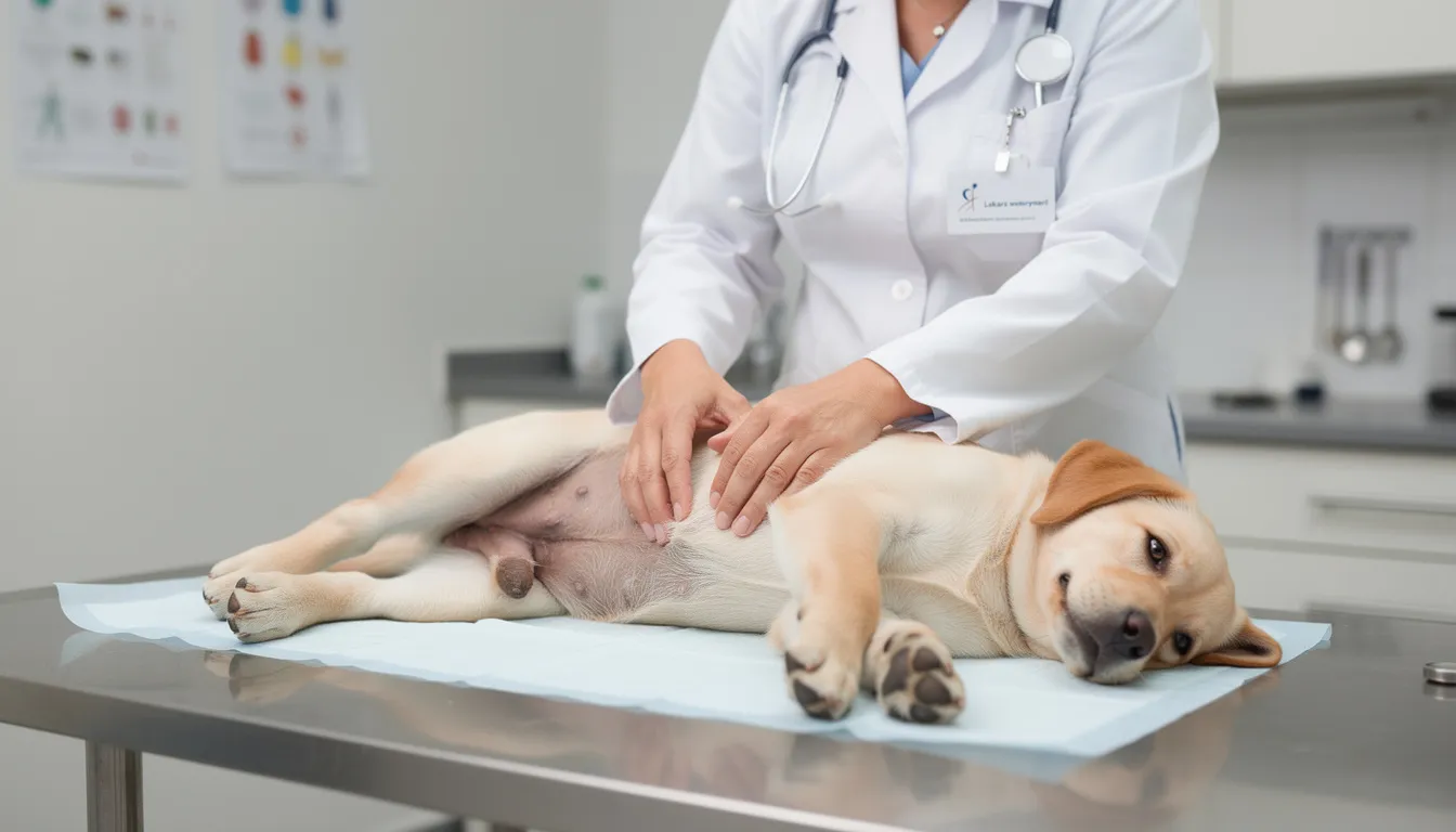 Na zdjęciu widoczny jest szczeniak rasy labrador, który podczas badania weterynaryjnego leży na stole, a weterynarz delikatnie bada jego skórę na brzuchu. Szczeniak może mieć objawy związane z zapaleniem skóry, co wymaga szczegółowego zbadania przez lekarza weterynarii.
