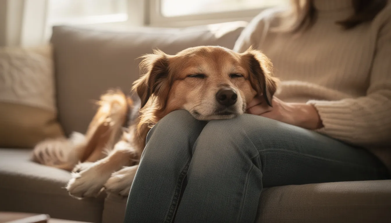 Na obrazku widać psa z głową opartą na kolanach swojego właściciela, z zamkniętymi oczami, co sugeruje jego zrelaksowaną postawę i poczucie bezpieczeństwa. To wyraz miłości psa, który czuje bliskość swojego opiekuna.