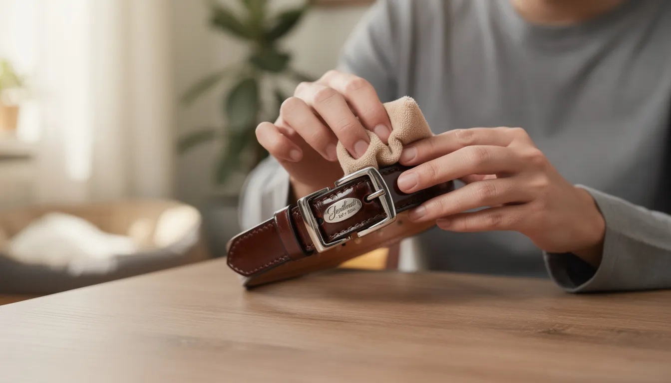 Właściciel starannie czyści elegancką obrożę dla psa, dbając o każdy detal, aby zapewnić komfort i bezpieczeństwo swojego pupila. Obroża wyróżnia się unikalnym wzornictwem, idealnie pasując do stylu i potrzeb czworonoga.