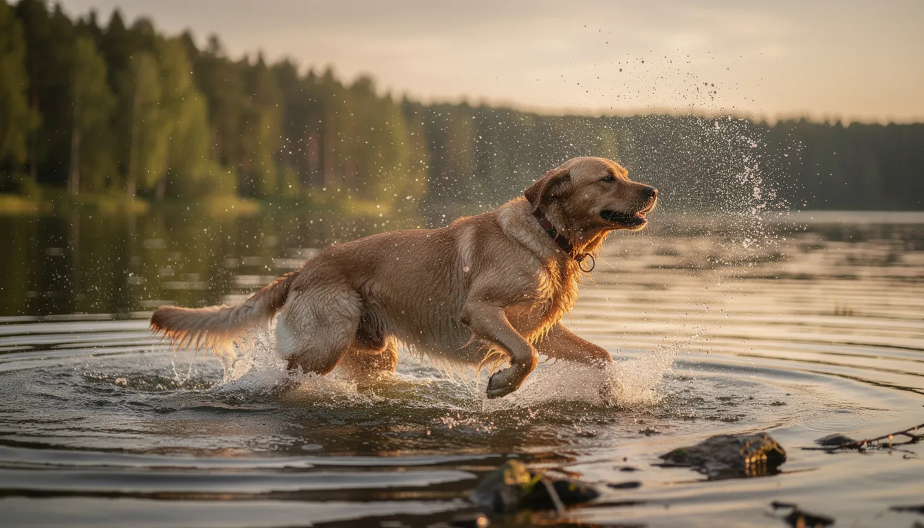 Pies rasy labrador otrzepuje się z wody po kąpieli w jeziorze, energicznie trzepiąc uszami. Jego mokre futro błyszczy w słońcu, a w tle widać spokojną taflę wody.