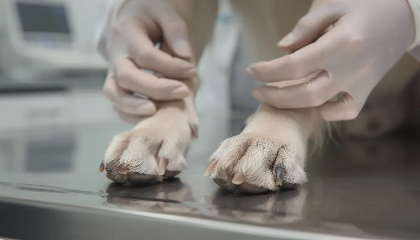 Zbliżenie na łapy psa podczas badania weterynaryjnego, gdzie lekarz weterynarii sprawdza obecność zmian skórnych, które mogą wskazywać na zakażenia gronkowcem. W tle słychać dźwięki związane z badaniem, co podkreśla atmosferę troski o zdrowie czworonożnego przyjaciela.